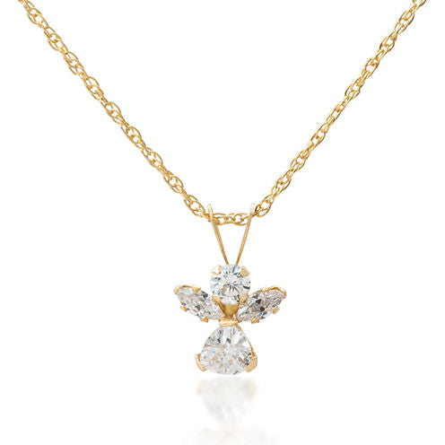 14K Gold White Cubic Zirconia Round Angel  Pendant Necklace