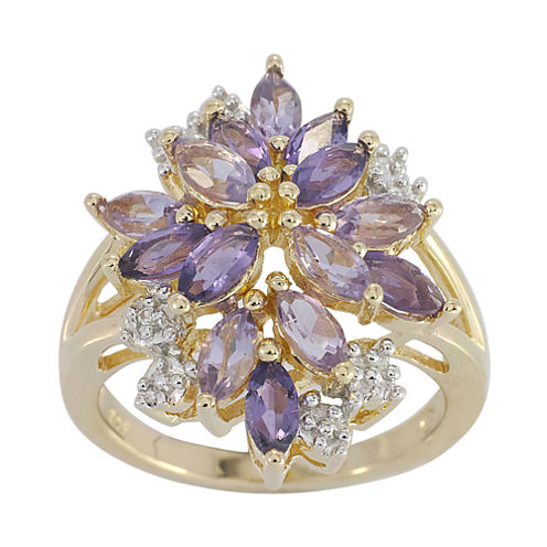 14K Gold over Silver Genuine Amethyst, Genuine Pink Quartz & Lab-Created White Sapphire Flower Ring