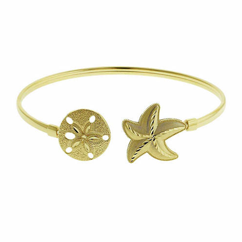 10K Yellow Gold Star Fish & Sand Dollar Bangle Bracelet