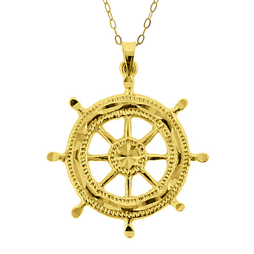 10K Yellow Gold Ship Wheel Pendant Necklace