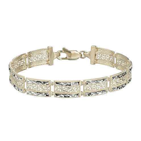 10K Two-Tone Gold Square Filigree 9mm Link Bracelet