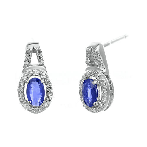 1/7 CT. T.W. Diamond and Genuine Sapphire 10K White Gold Oval Drop Earrings