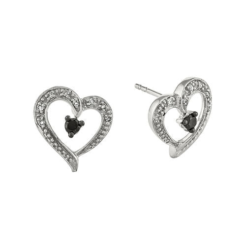 1/6 CT. T.W. White and Color-Enhanced Black Diamond Sterling Silver Heart Post Earrings