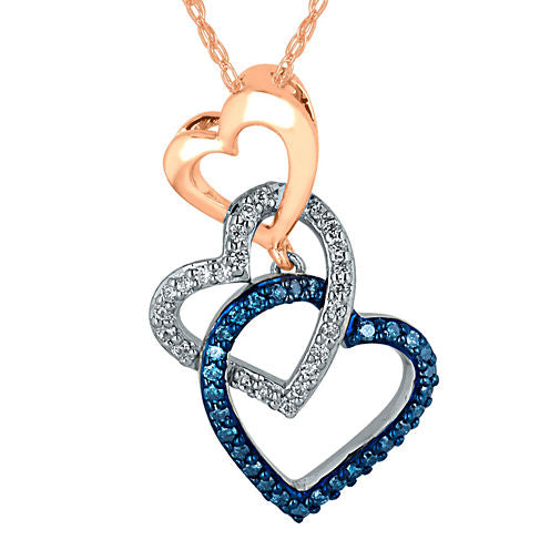 1/5 CT. T.W. White and Color-Enhanced Blue Diamond Triple Heart Pendant Necklace