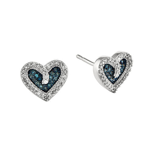 1/5 CT. T.W. White and Color-Enhanced Blue Diamond Sterling Silver Heart Stud Earrings