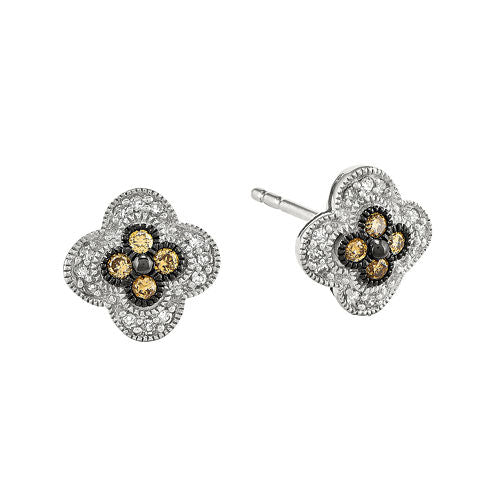 1/4 CT. T.W. White and Champagne Sterling Silver Flower Stud Earrings