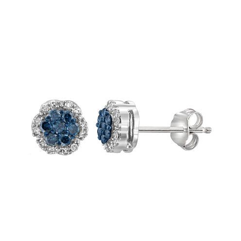 1/4 CT. T.W. White & Color-Enhanced Blue Diamond Cluster Sterling Silver Earrings