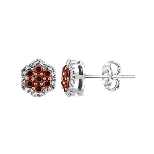 1/2 CT. T.W. White & Color-Enhanced Red Diamond Cluster Sterling Silver Earrings