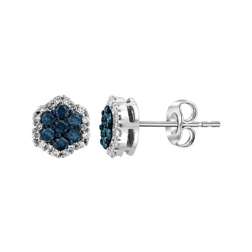 1/2 CT. T.W. White & Color-Enhanced Blue Diamond Cluster Sterling Silver Earrings