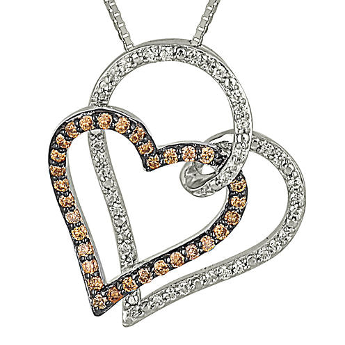 1/2 CT. T.W. Champagne & White Diamond 10K Gold Double Heart Pendant Necklace