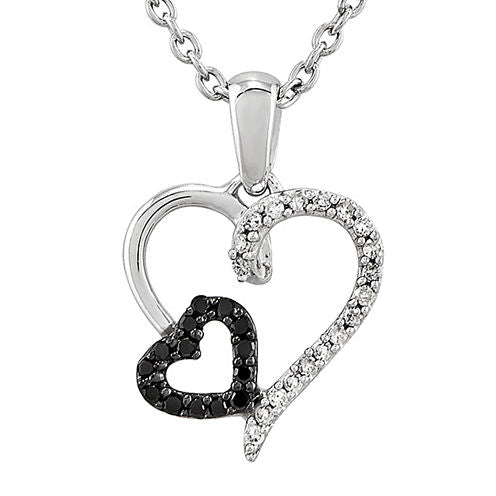 1/10 CT. T.W. White and Color-Enhanced Black Diamond Sterling Silver Double Heart Pendant Necklace