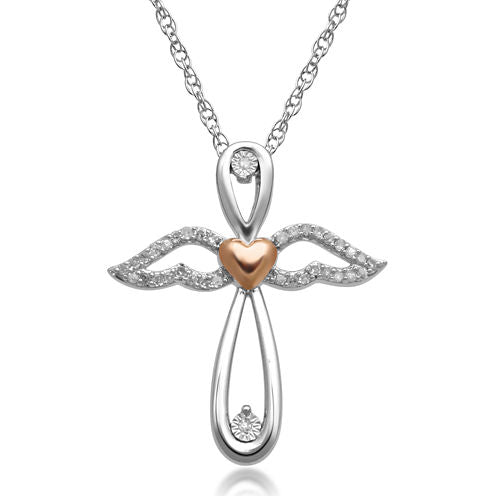 1/10 CT. T.W. Diamond Sterling Silver & 14K Rose Gold over Silver Cross & Angel Pendant Necklace