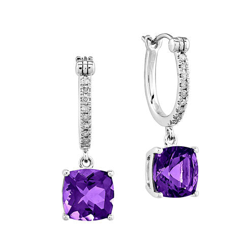 1/10 CT. T.W. Diamond and Genuine Amethyst 14K White Gold Dangle Hoop Earrings