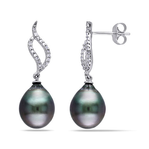 1/10 CT. T.W. Diamond and Black Tahitian Pearl 10K White Gold Earrings