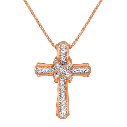 1/10 CT. T.W. Diamond 14K Rose Gold Over Sterling Silver Cross Pendant Necklace