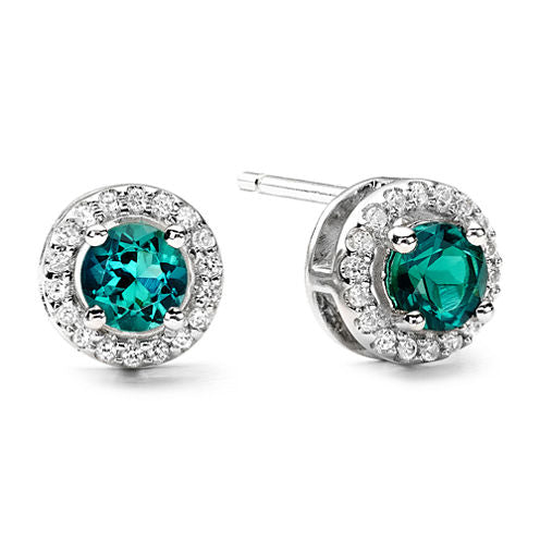 1/10 CT. T.W. Diamond & Genuine Emerald Stud 10K White Gold Earrings