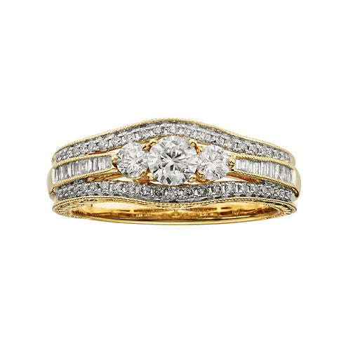 1 CT. T.W. Certified Diamond 14K Yellow Gold Vintage-Style 3-Stone Contour Bridal Ring