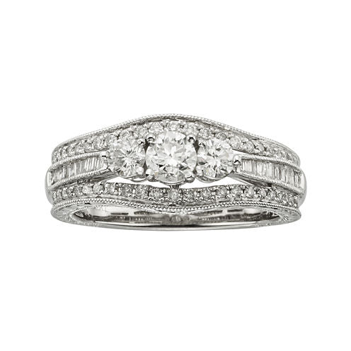 1 CT. T.W. Certified Diamond 14K White Gold Vintage-Style 3-Stone Contour Bridal Ring