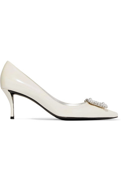 Flower faux pearl-embellished iridescent patent-leather pumps