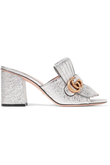 Marmont fringed logo-embellished metallic cracked-leather mules