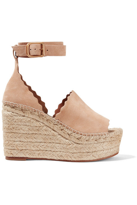 Scalloped suede espadrille wedge sandals