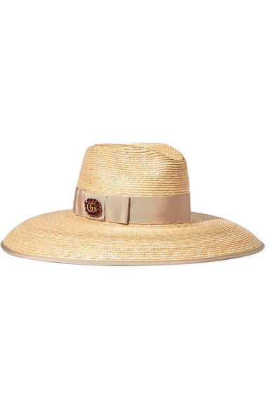 Embellished grosgrain-trimmed straw hat